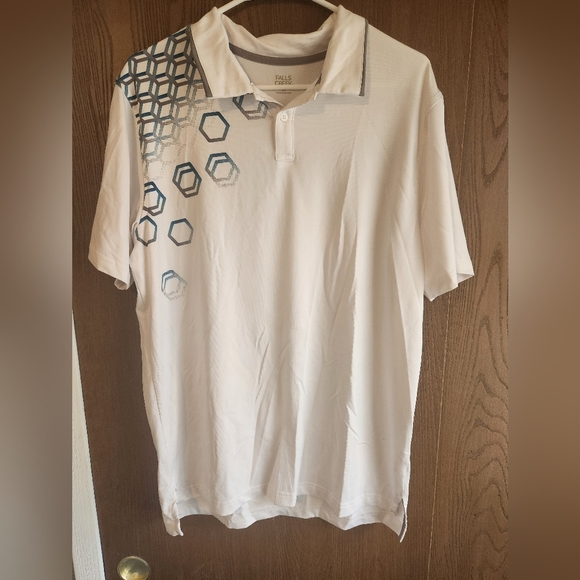 Falls Creek White Polo with Blue Hexagon Design - Picture 1 of 3